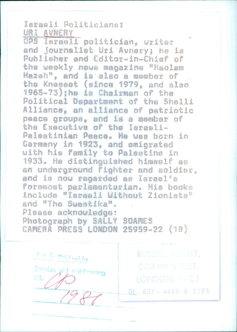 Israeli Politician Uri Avnery - Vintage Photograph