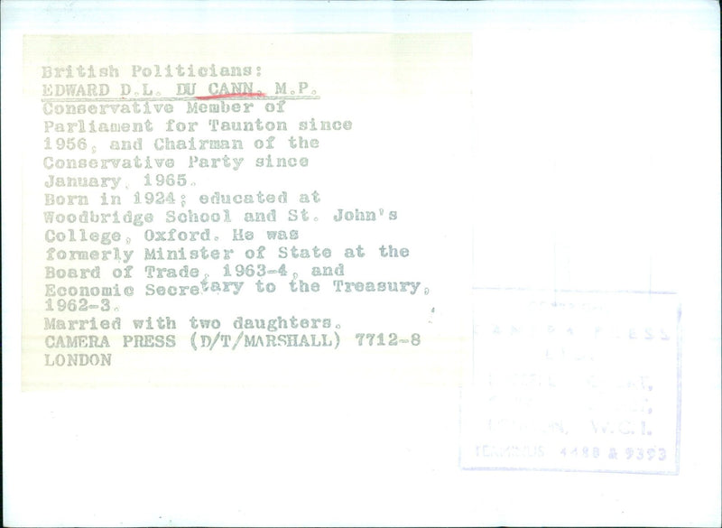 British Politician Edward D.L. Du Cann, M.P. - Vintage Photograph