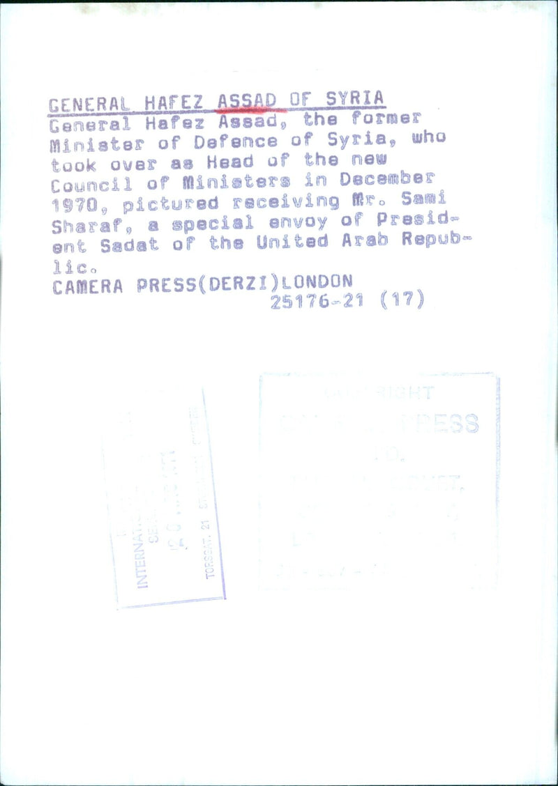 General Hafez Assad of Syria receiving special envoy from President Sadat of the United Arab Republic - Vintage Photograph