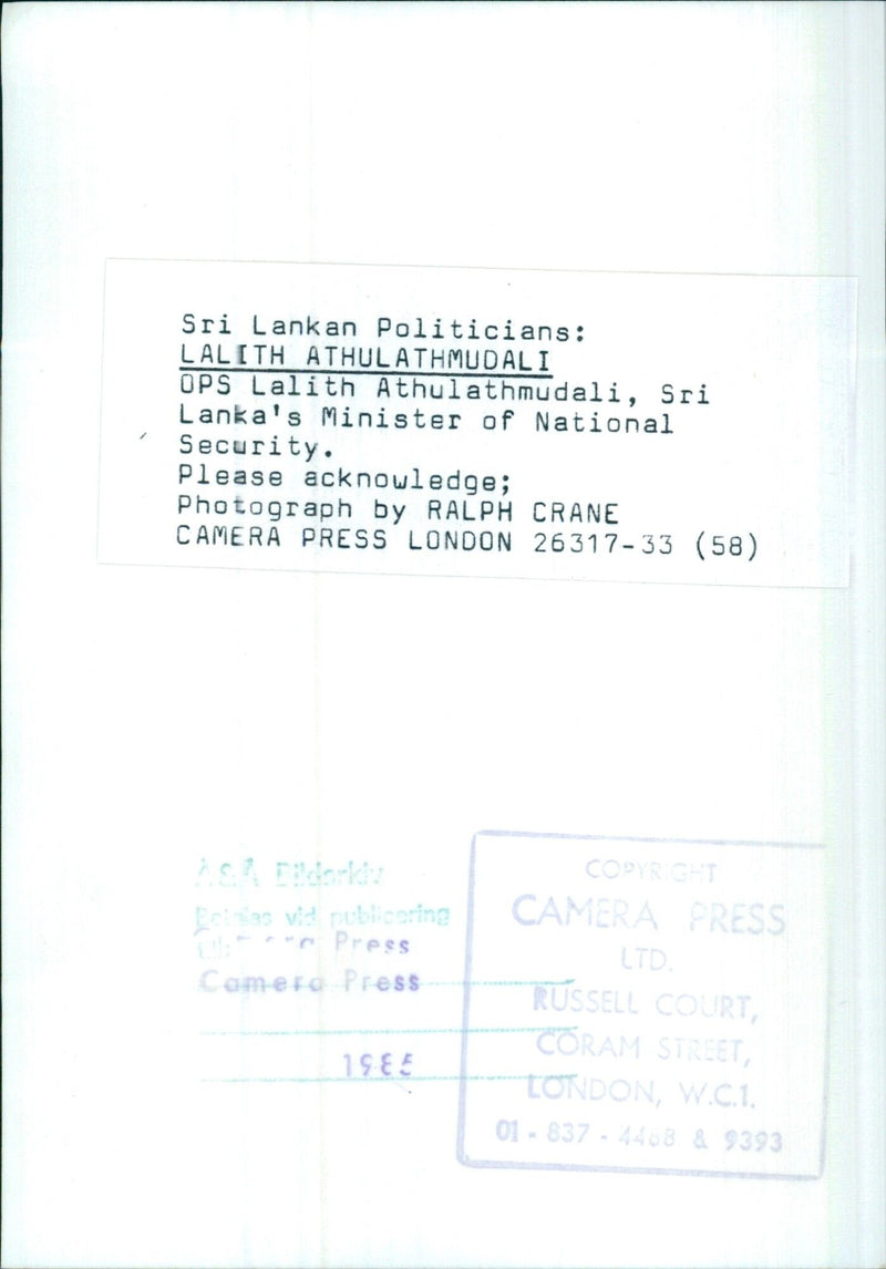 Sri Lankan Politicians: LALITH ATHULATHMUDALI - Vintage Photograph