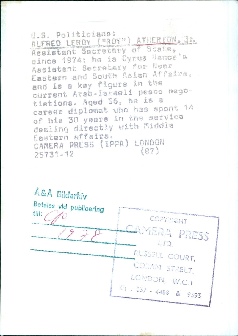 U.S. Politician Alfred Leroy ("Roy") Atherton - Vintage Photograph