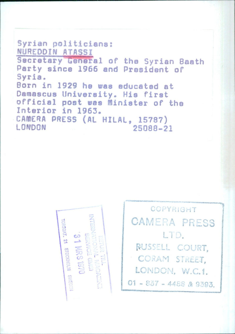 NUREDDIN ATASSI, Secretary General of the Syrian Baath Party and President of Syria - Vintage Photograph