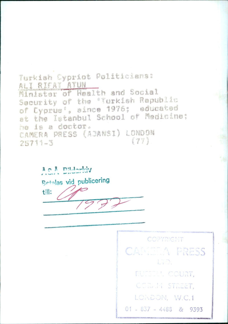 ALI RIFAT ATUN, Minister of Health and Social Security of the Turkish Republic of Cyprus - Vintage Photograph