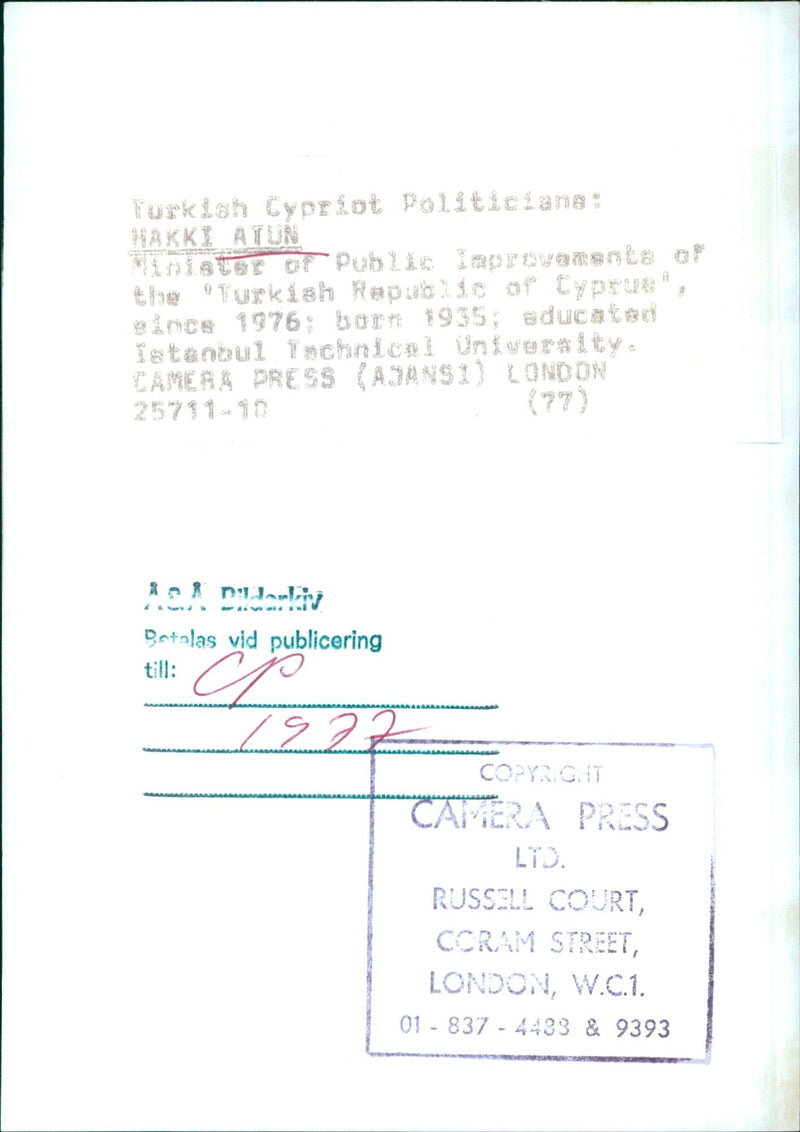 HAKKI ATUN, Minister of Public Improvements of the 'Turkish Republic of Cyprus' - Vintage Photograph