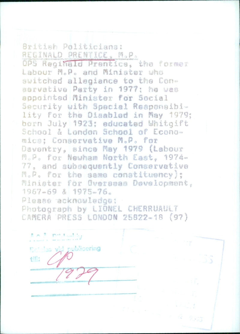 British Politician Reginald Prentice, M.P. - Vintage Photograph