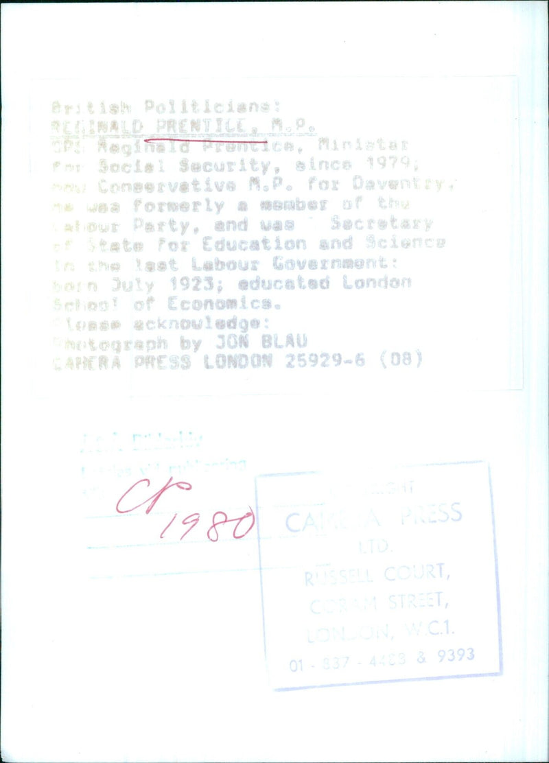 British Politician Reginald Prentice, M.P. - Vintage Photograph