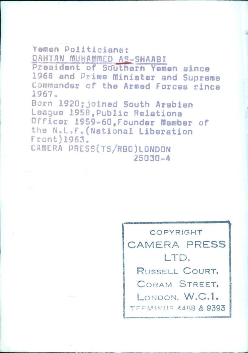 QAHTAN MUHAMMED AS-SHAABI, President of Southern Yemen - Vintage Photograph