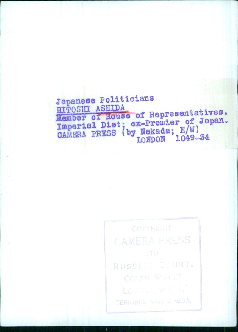 HITOSHI ASHIDA, Member of House of Representatives and ex-Premier of Japan - Vintage Photograph