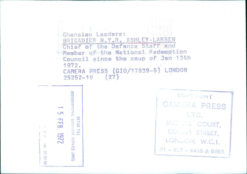 Ghanaian Leaders: BRIGADIER N.Y.R. ASHLEY-LARSEN Chief of the Defence Staff and Member of the National Redemption Council since the coup of Jan 13th 1972. - Vintage Photograph