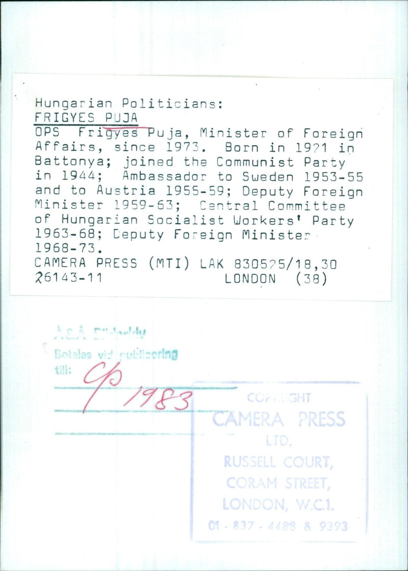 Hungarian Politician Frigyes Puja - Vintage Photograph