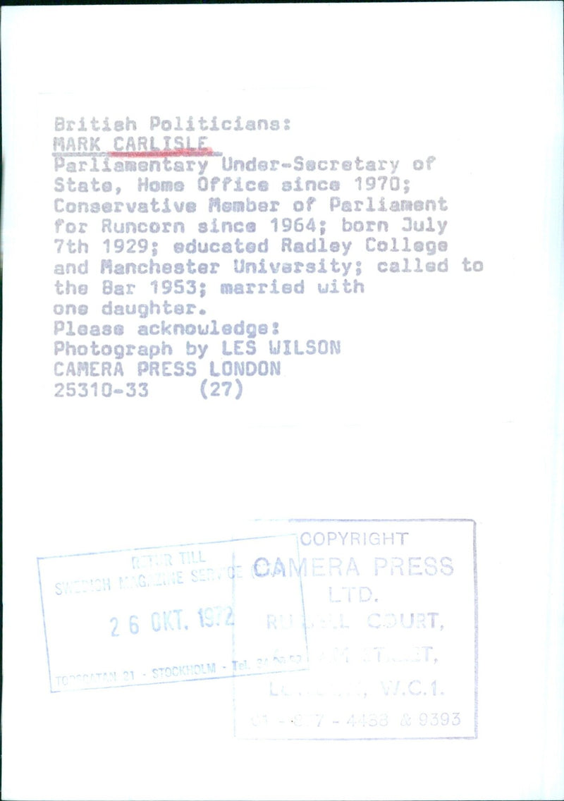 MARK CARLISLE, British Politician - Vintage Photograph