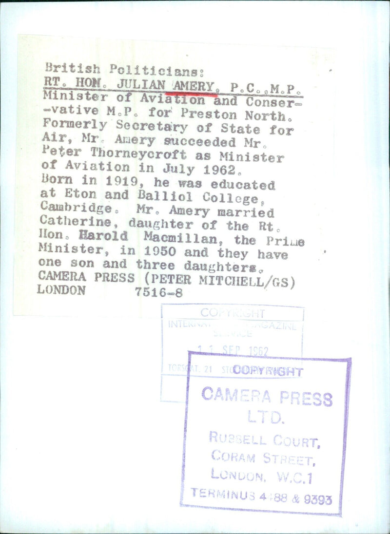 RT. HON. JULIAN AMERY, P.C.,M.P. - Vintage Photograph