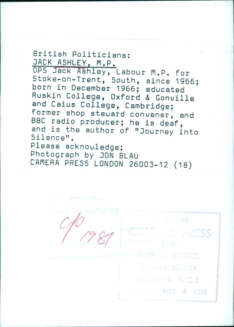 British Politician Jack Ashley, M.P. - Vintage Photograph