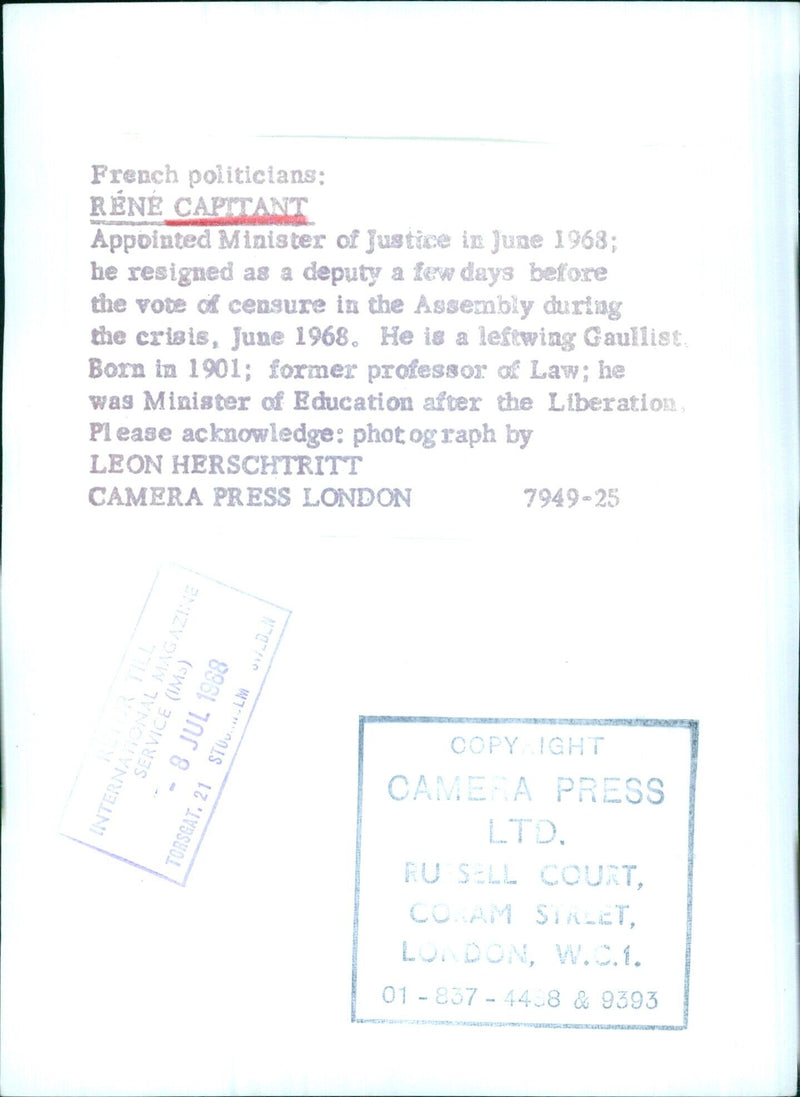RÉNÉ CAPITANT, French Minister of Justice, June 1968 - Vintage Photograph