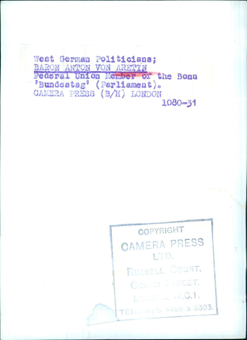 West German Politicians; BARON ANTON VON ARETIN Federal Union Member of the Bonn 'Bundestag (Parliament). - Vintage Photograph