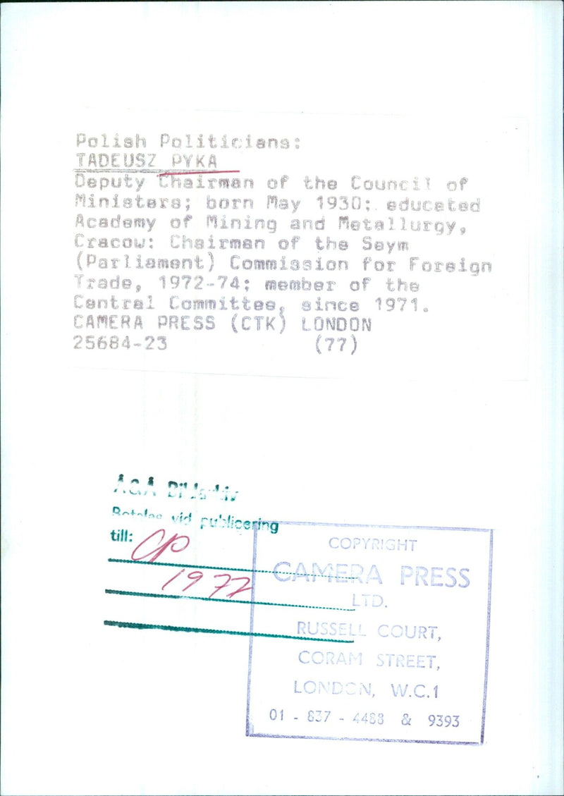 Polish Politician Tadeusz Pyka - Vintage Photograph