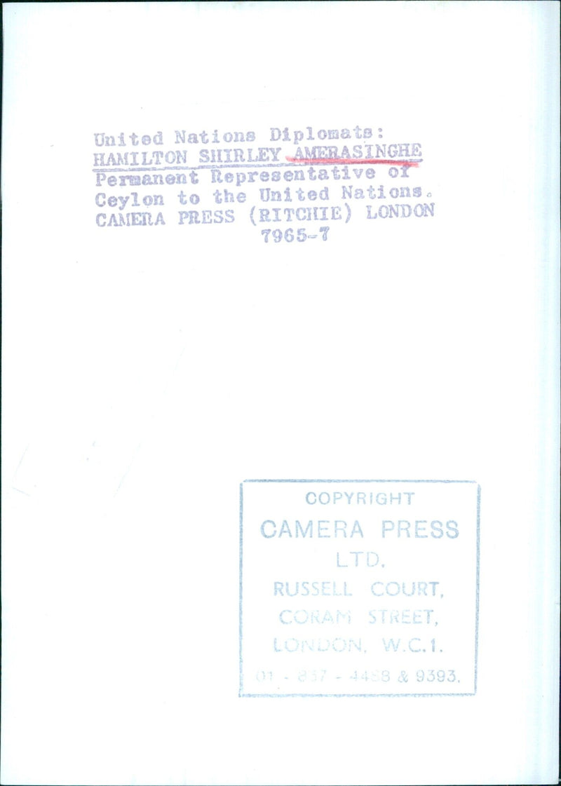 United Nations Diplomats: HAMILTON SHIRLEY AMERASINGHE Permanent Representative of Ceylon to the United Nations. - Vintage Photograph