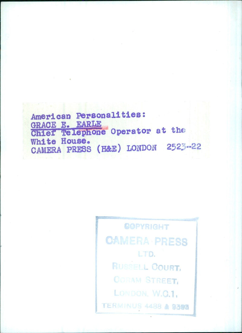 American Personalities: GRACE E. EARLE Chief Telephone Operator at the White House. - Vintage Photograph