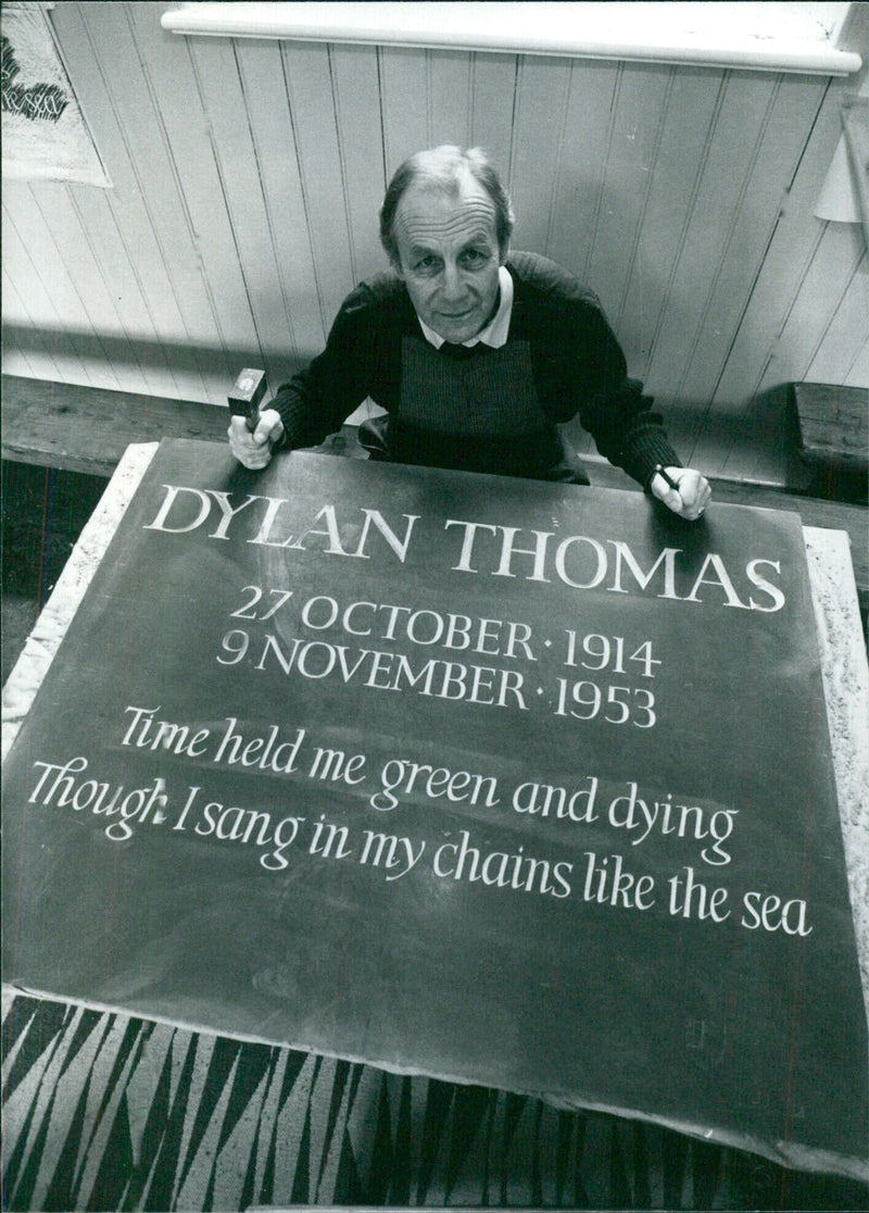 Welsh craftsman Jonah Jones with plaque honoring Dylan Thomas - Vintage Photograph