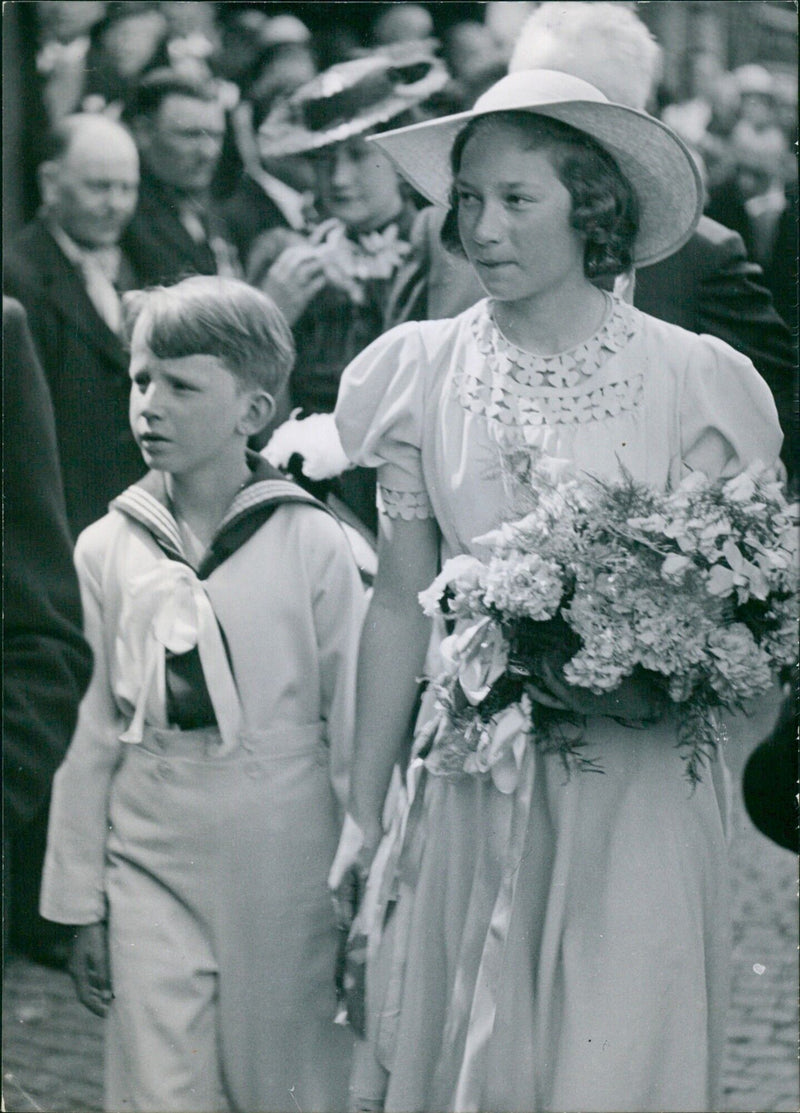 Prince Baudouin and Princess Josephine Charlotte at an official ceremony in 1937 - Vintage Photograph