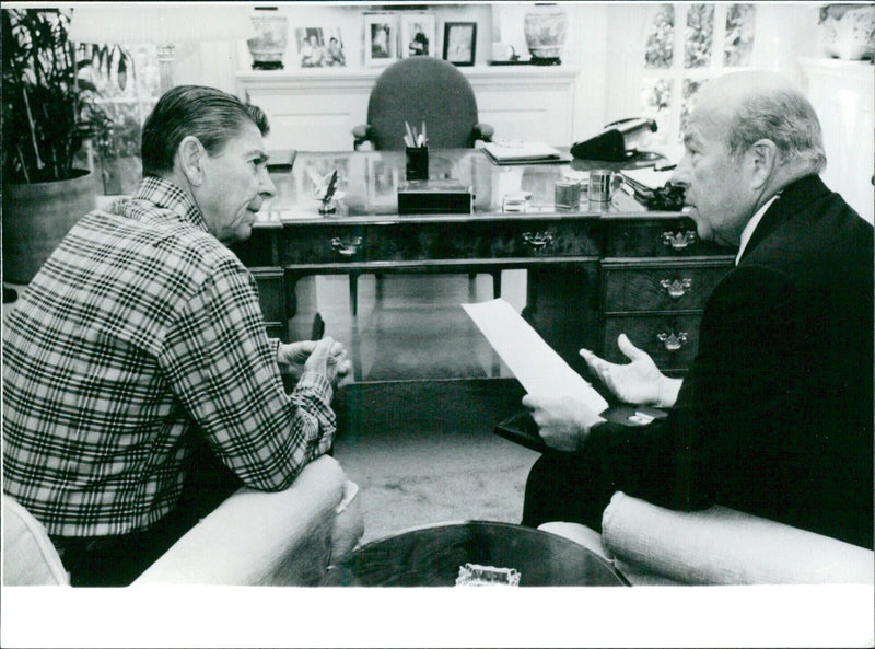 President Ronald Reagan and Secretary of State George Shultz at Camp David - Vintage Photograph