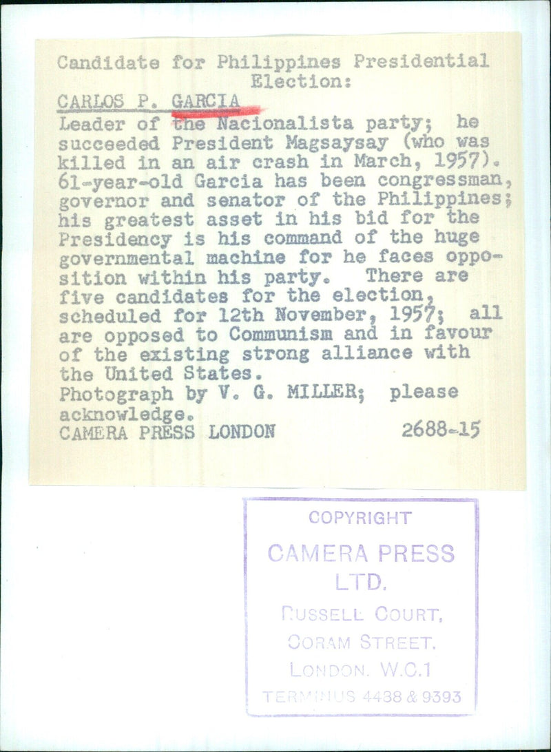 Carlos P. Garcia, Candidate for Philippines Presidential Election - Vintage Photograph