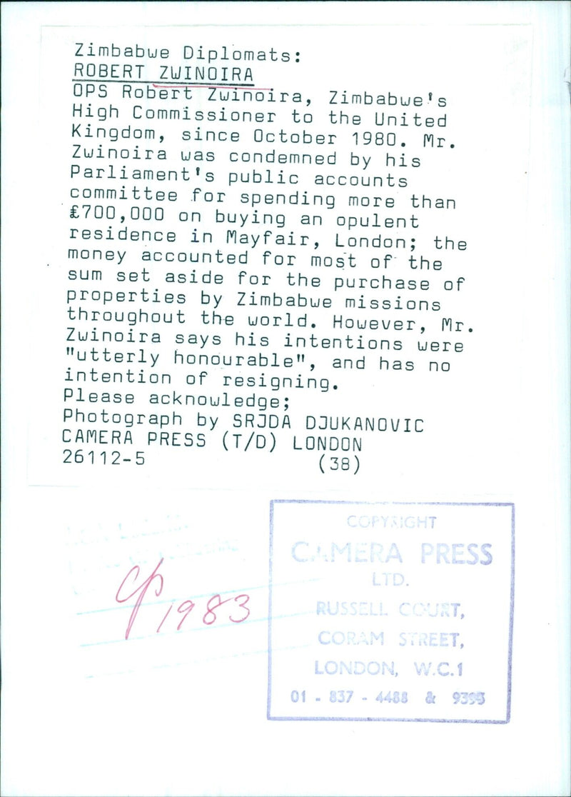 Zimbabwe Diplomat Condemned for Opulent Residence Purchase - Vintage Photograph