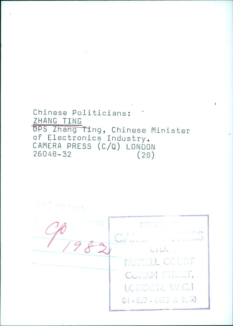 Chinese Minister of Electronics Industry Zhang Ting - Vintage Photograph