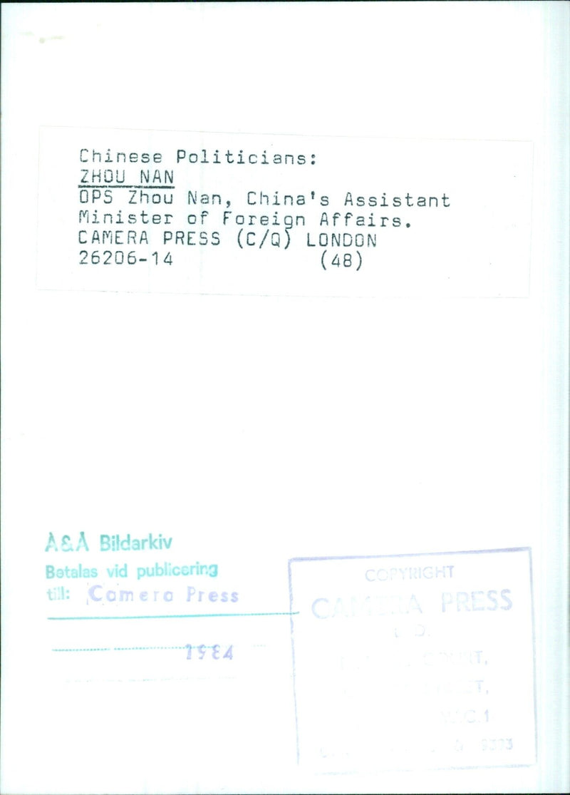 Zhou Nan, China's Assistant Minister of Foreign Affairs - Vintage Photograph