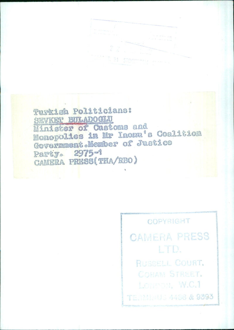 T. 21 STOCry Turkish Politicians: SEVKET BULADOGLU Minister of Customs and Monopolies in Mr Inonu's Coalition Government Member of Justice Party - Vintage Photograph