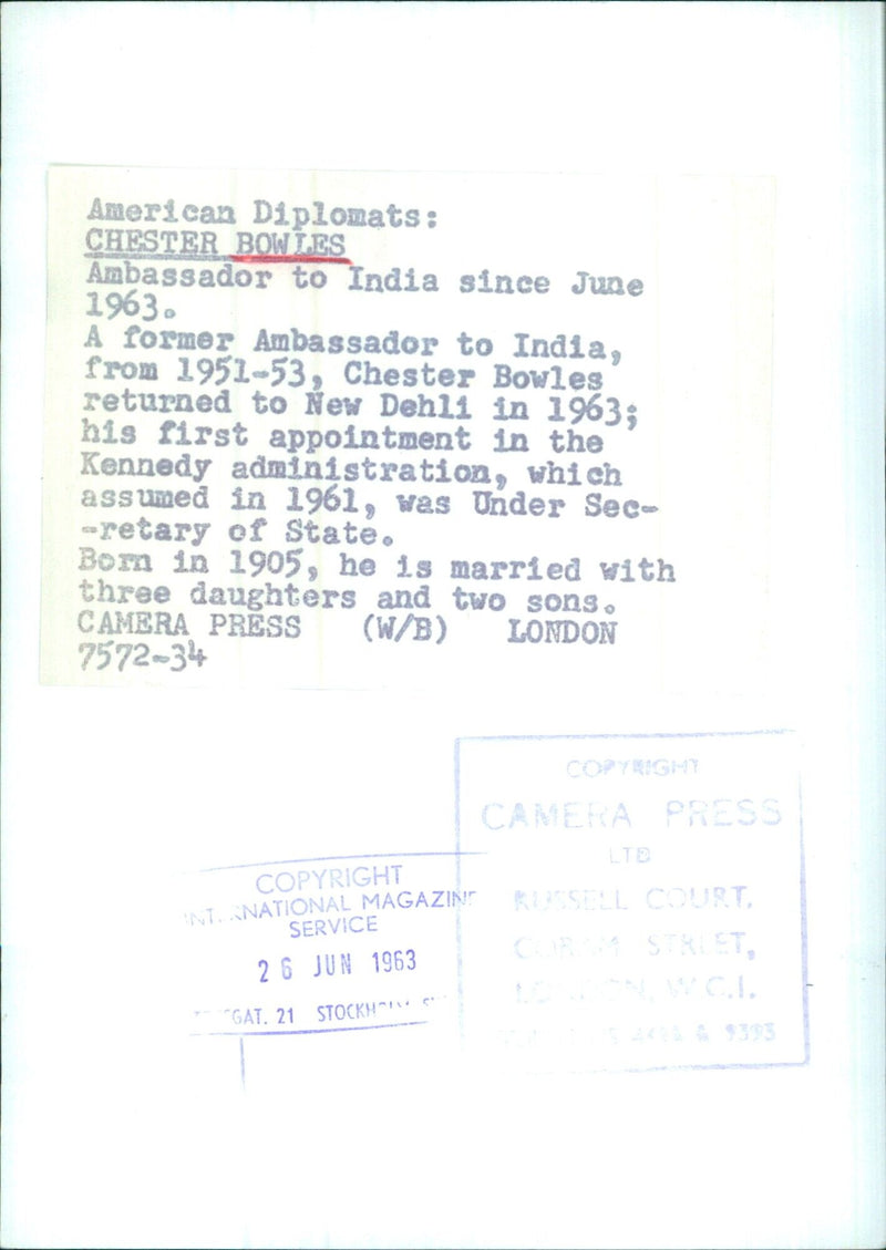 American Diplomats: CHESTER BOWLES Ambassador to India since June 1963. - Vintage Photograph