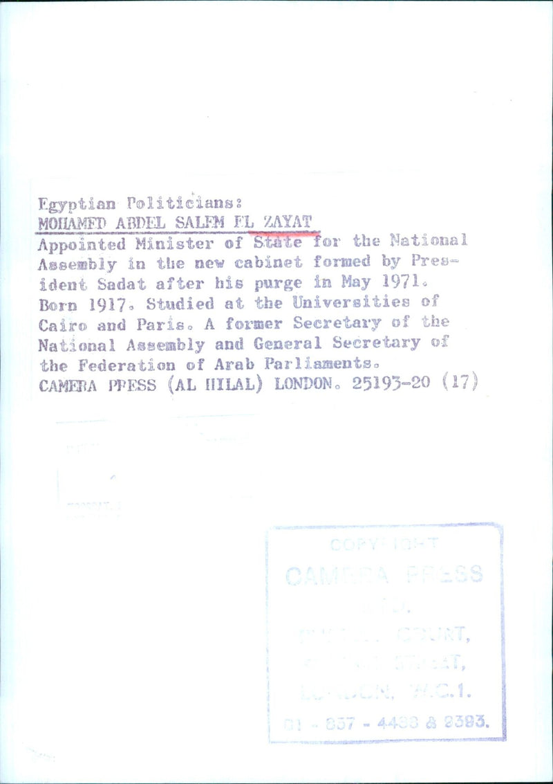 MOHAMED ABDEL SALEM EL ZAYAT Appointed Minister of State for the National Assembly in the new cabinet formed by President Sadat after his purge in May 1971. - Vintage Photograph