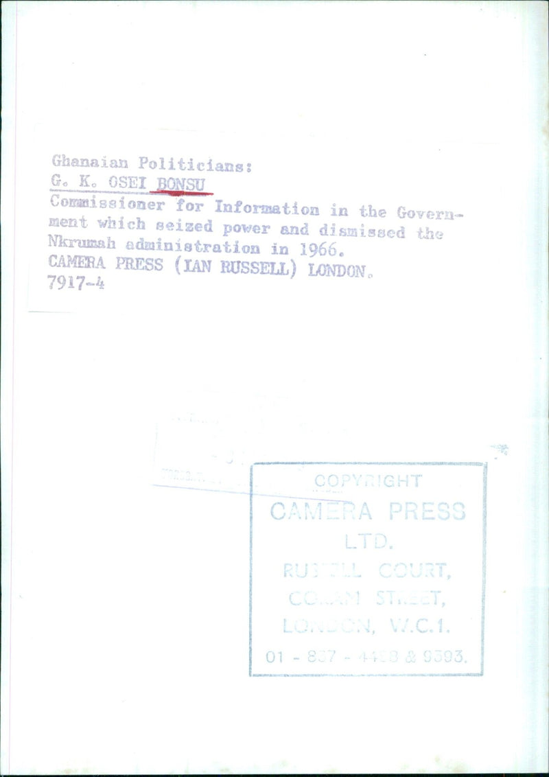 G. K. OSEI BONSU, Commissioner for Information in the Government which seized power and dismissed the Nkrumah administration in 1966. - Vintage Photograph