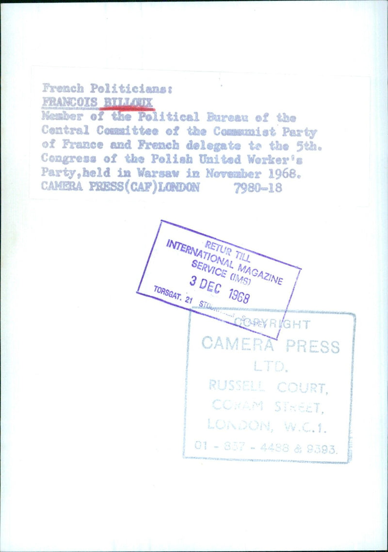 FRANCOIS BILLOUX Member of the Political Bureau of the Central Committee of the Communist Party of France and French delegate to the 5th. Congress of the Polish United Worker's Party - Vintage Photograph