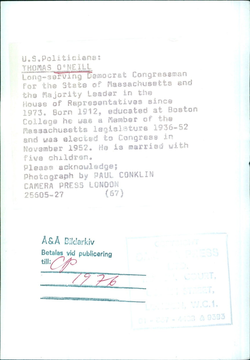 THOMAS O'NEILL - Long-serving Democrat Congressman for the State of Massachusetts and Majority Leader in the House of Representatives since 1973. - Vintage Photograph