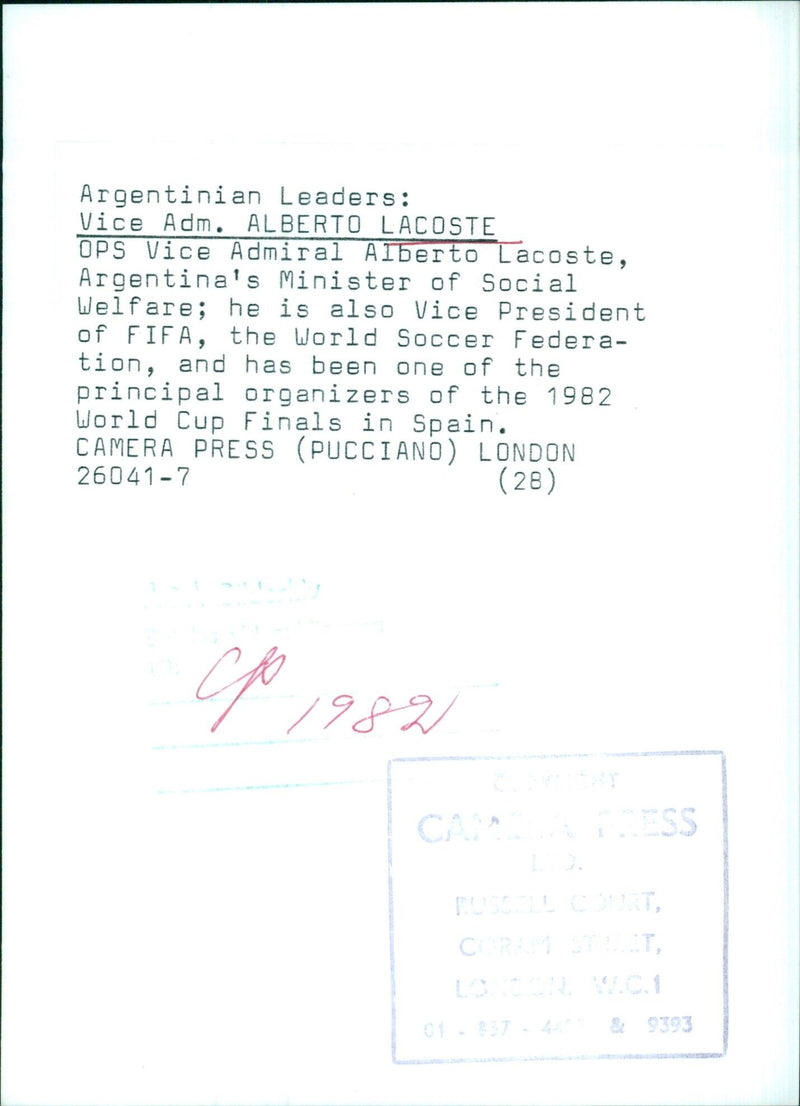 Vice Admiral Alberto Lacoste, Argentina's Minister of Social Welfare and Vice President of FIFA - Vintage Photograph