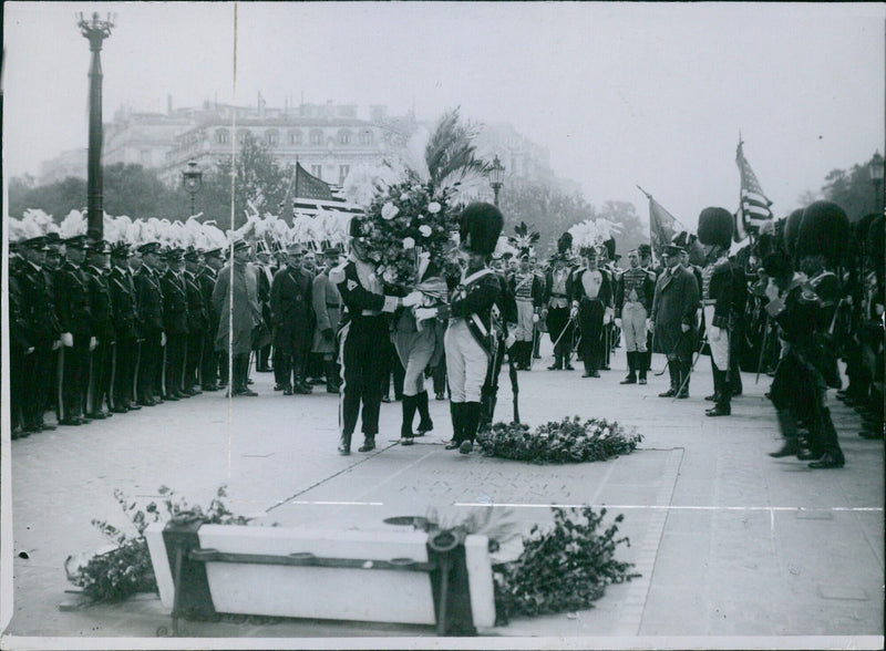 An officer from each American regiment lays a magnificent wreath of flowers on the Tomb of the Unknown Soldier in Paris - Vintage Photograph