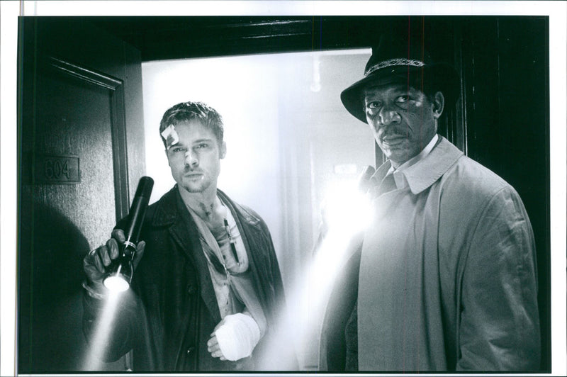 Brad Pitt and Morgan Freeman in the film Seven, 1995. - Vintage Photograph