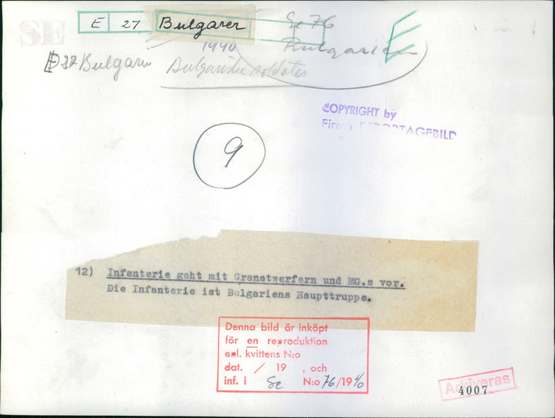 Infantry goes with grenades and over. The infantry is the Bulgarians. 1940 - Vintage Photograph