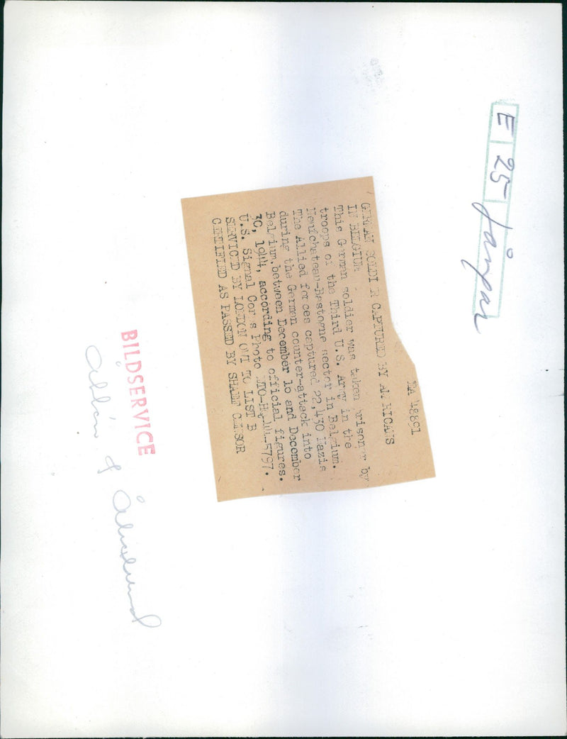 German soldiers captured by Americans in Belgium.
This German soldier was taken prisoner by troops on the Third U.S. Army in Belgium. - Vintage Photograph