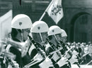 Military band group standing together and playing band. - Vintage Photograph