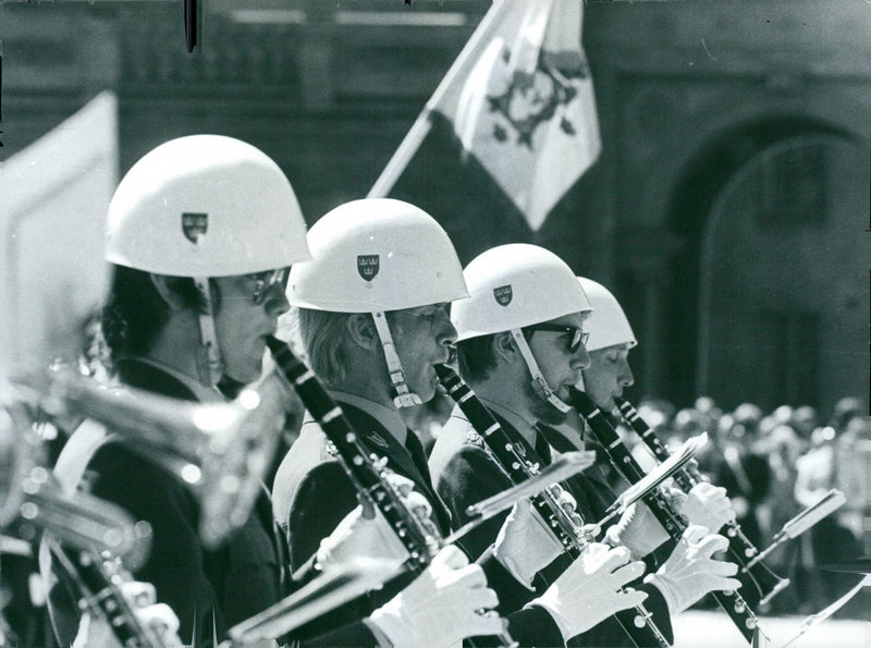 Military band group standing together and playing band. - Vintage Photograph