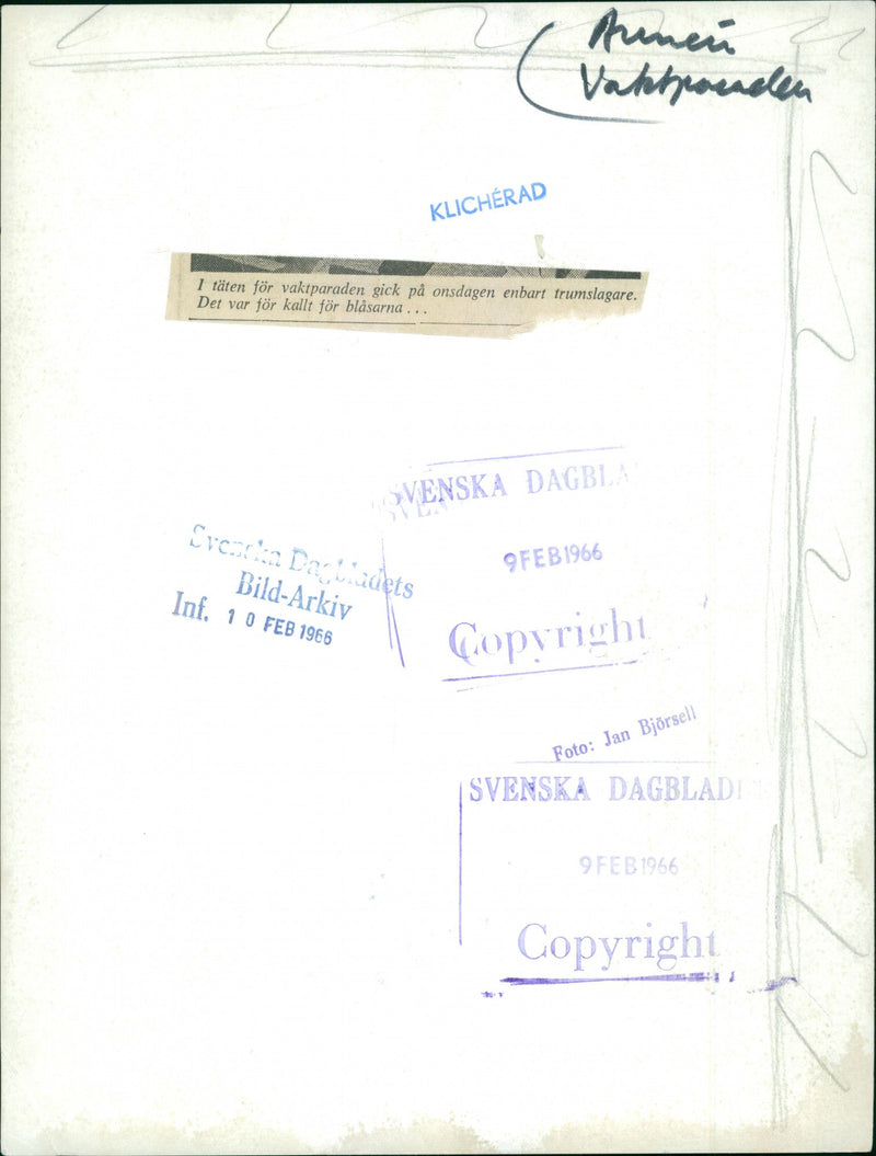 Military guards standing and playing drum. - Vintage Photograph