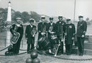 Military band group posing, holding musical instrument. - Vintage Photograph