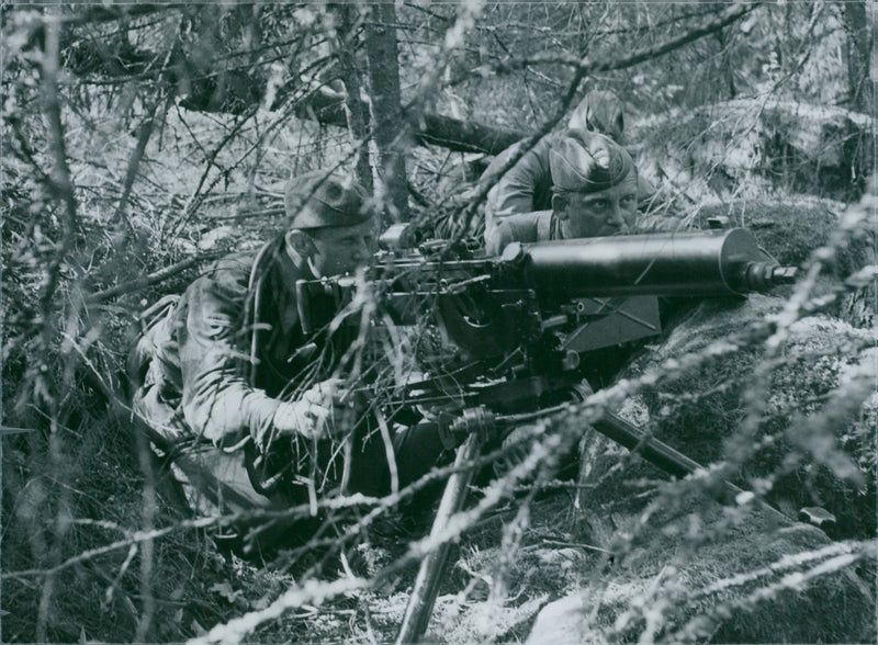 Soldiers prepared to fire his machine gun at Landsturm course at Dalaro Stockholm - Vintage Photograph