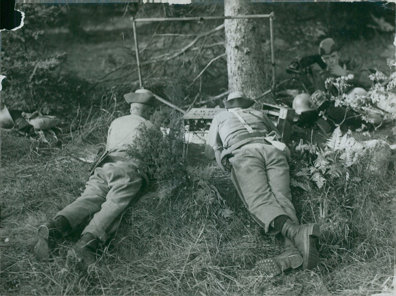 Infantry Squadron on field exercise with headphones and field phone - Vintage Photograph