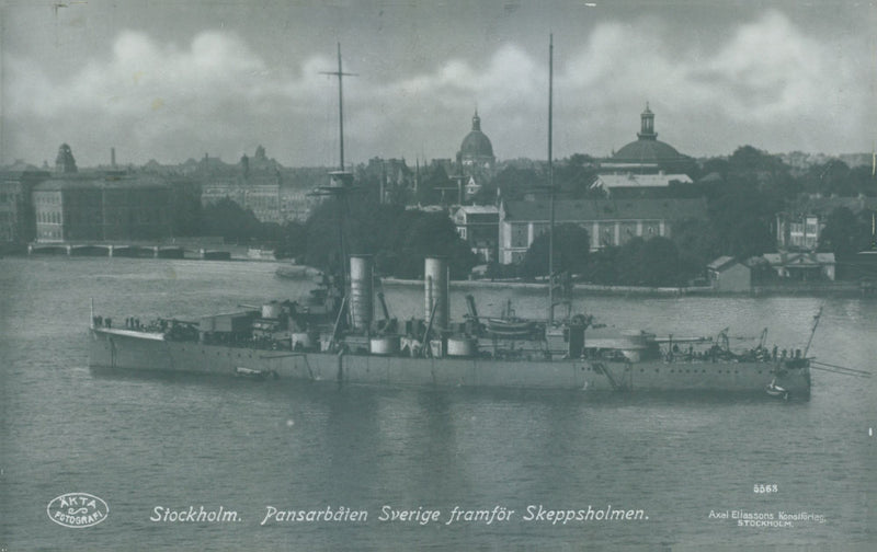 Armoured boat Sverige in front of Skeppsholmen - Year 1915 - Vintage Photograph