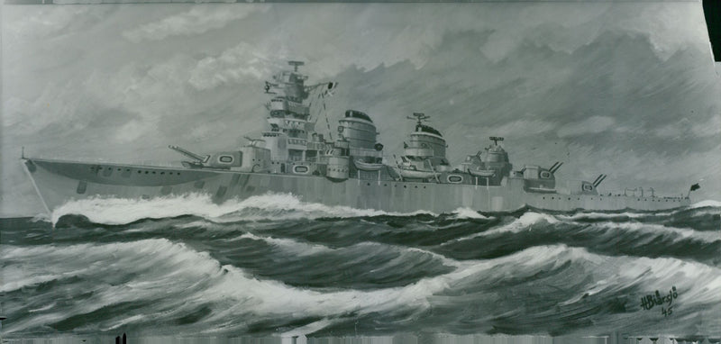 A sketch of the cruiser "GÃ¶ta Lejon" by naval painter Hans BlÃ¤rsjÃ¶. - 14 November 1945 - Vintage Photograph