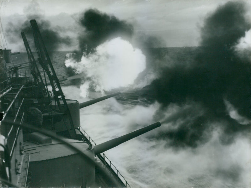 Broadside fire their guns aboard HMS pansarskepet Gustaf V - 13 December 1938 - Vintage Photograph