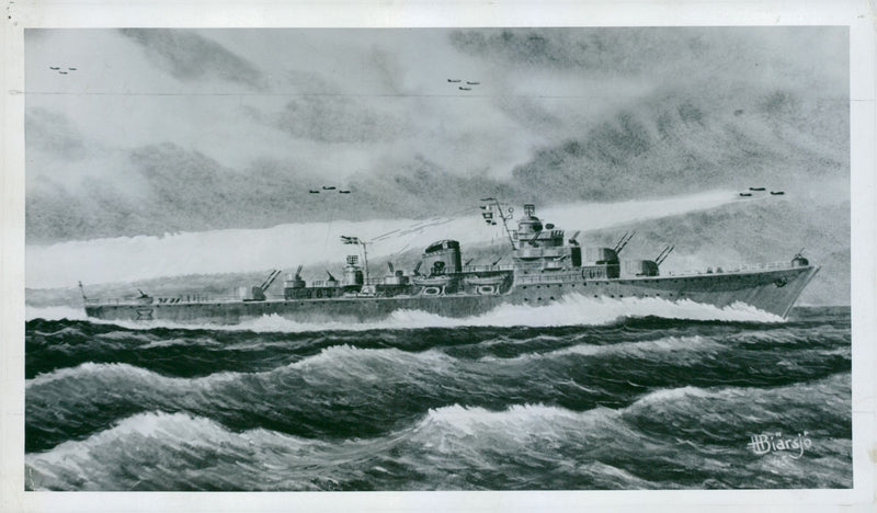 Illustrated image of the hunter HMS GÃ¤strikland painted by marinmÃ¥laren H. BiÃ¤rsjÃ¶ - 27 August 1945 - Vintage Photograph